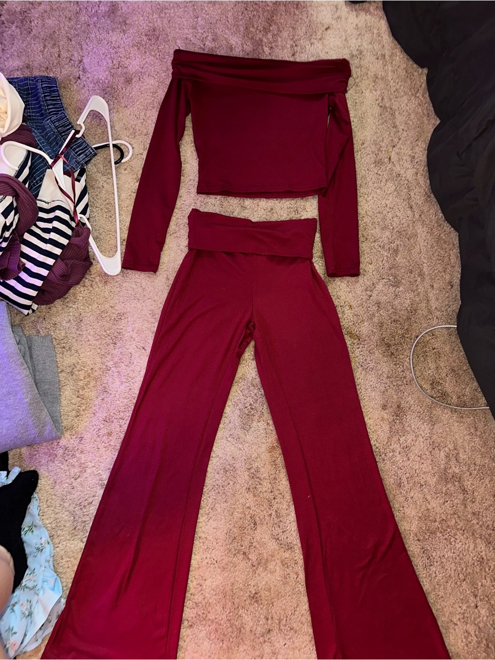 SHEIN Burgundy Off-Shoulder Crop Top with High-Waist Wide Leg Pants